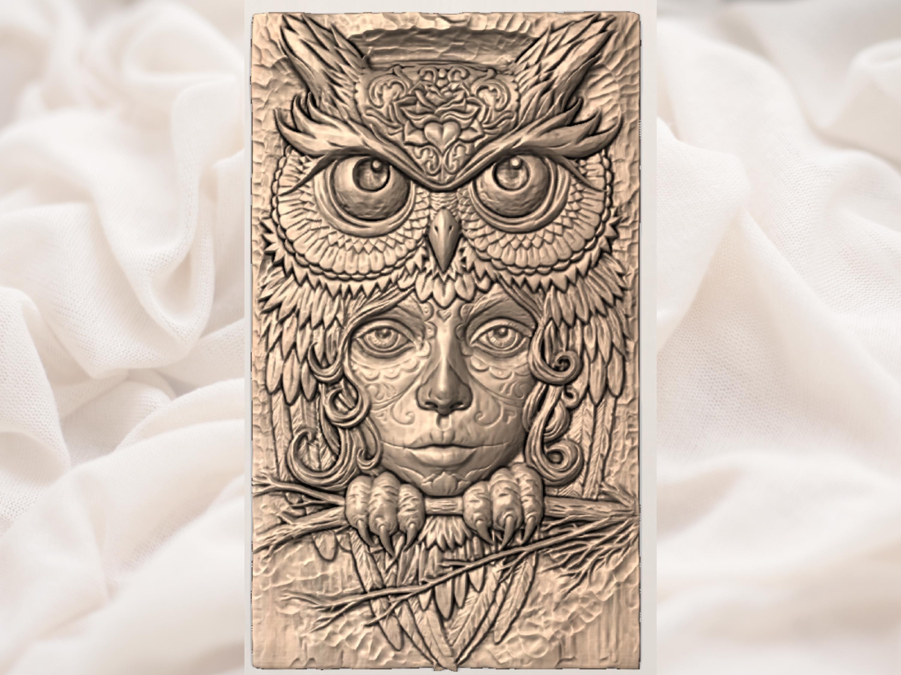 Owl Woman Spirit Bas-Relief STL: Sugar Skull Owl Guardian bas-relief STL — view 2