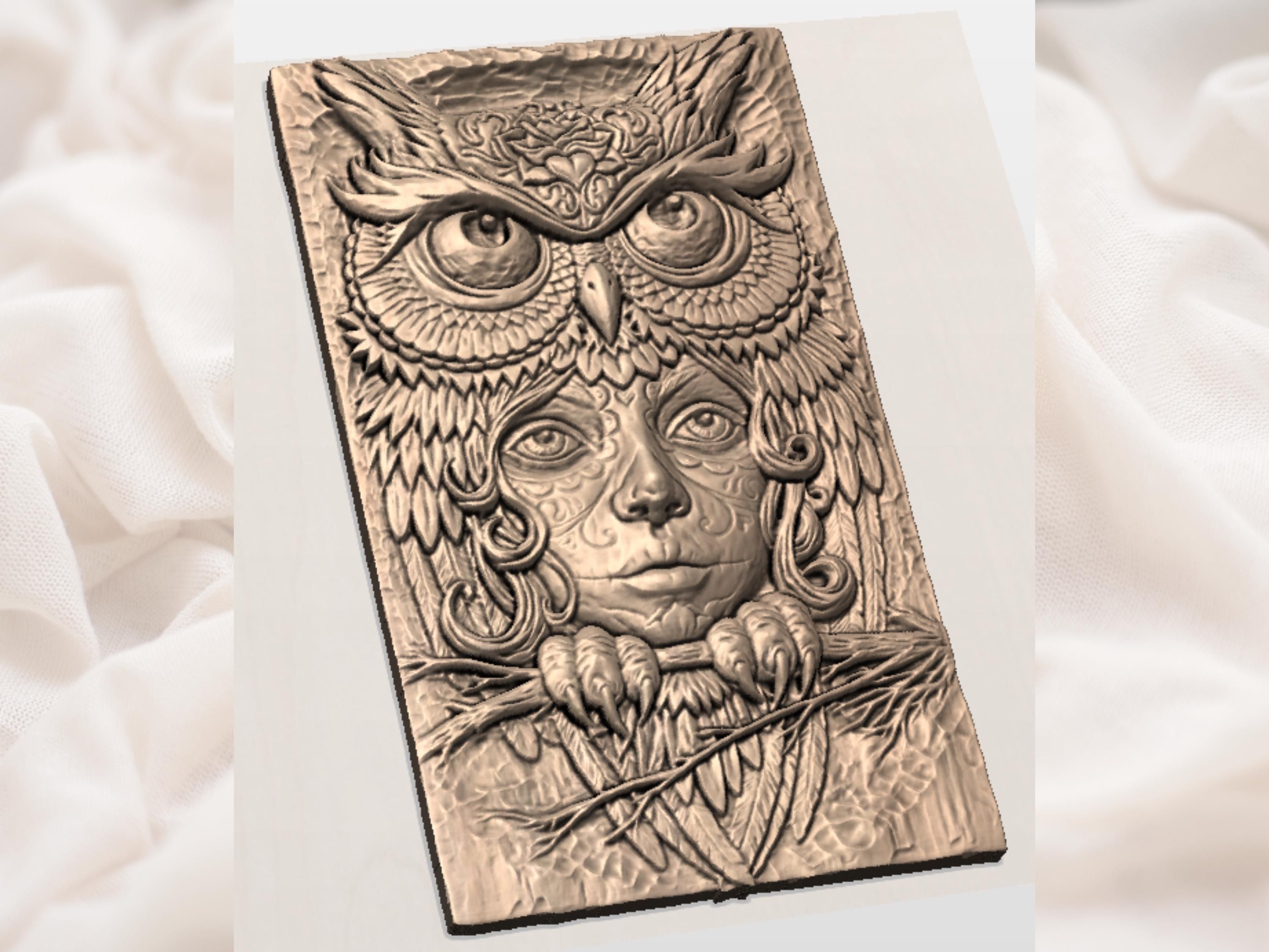 Owl Woman Spirit Bas-Relief STL: Sugar Skull Owl Guardian bas-relief STL — view 3