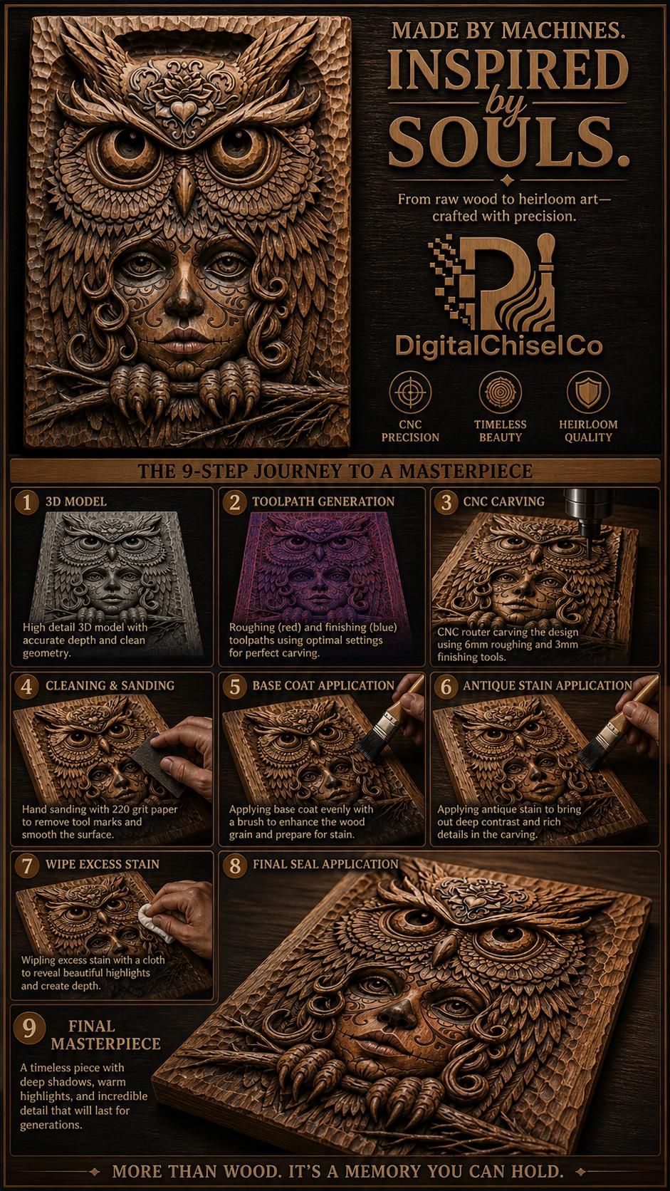 Owl Woman Spirit Bas-Relief STL: Sugar Skull Owl Guardian bas-relief STL — view 4