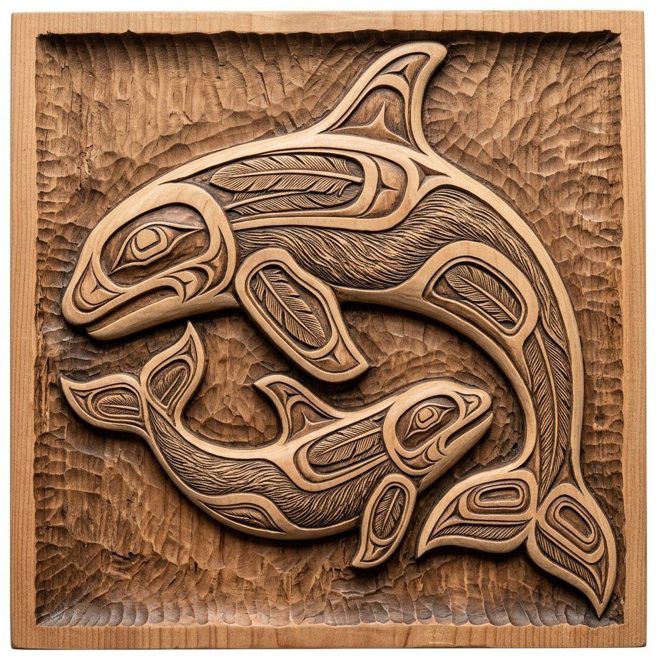 Pacific Northwest Orca Whale Wall Art | Coastal Killer Whale Wood Carving Design | Haida Style Mother and Calf Relief | Ocean Home Decor — carved bas relief STL file for CNC