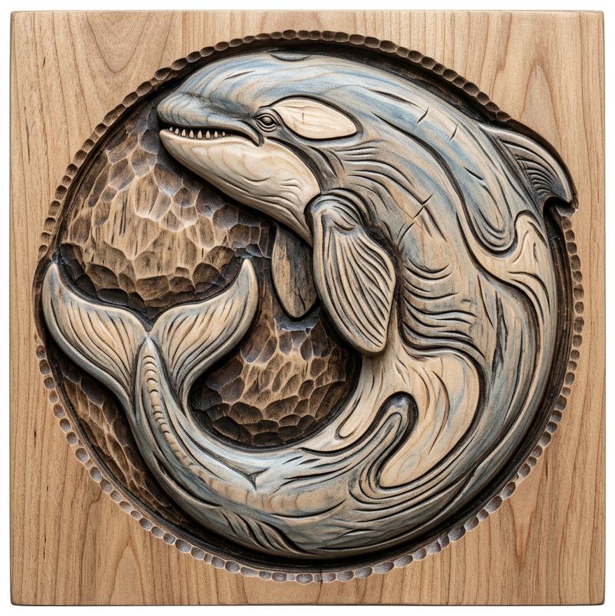 Pacific Northwest Orca Whale Wood Carving Design | Ocean Life Wall Art Decor | Coastal Marine Relief Panel — carved bas relief STL file for CNC