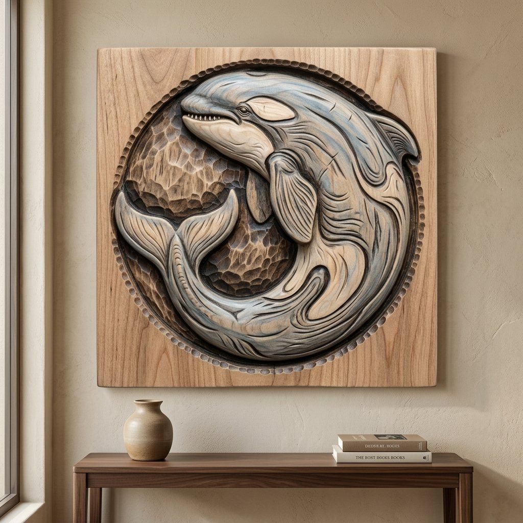 Pacific Northwest Orca Whale Wood Carving Design bas-relief STL — view 7