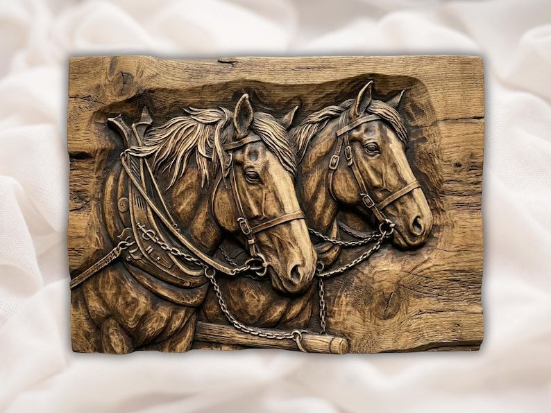 Bas-relief wood carving of two draft horses in leather harness with chains and flowing manes
