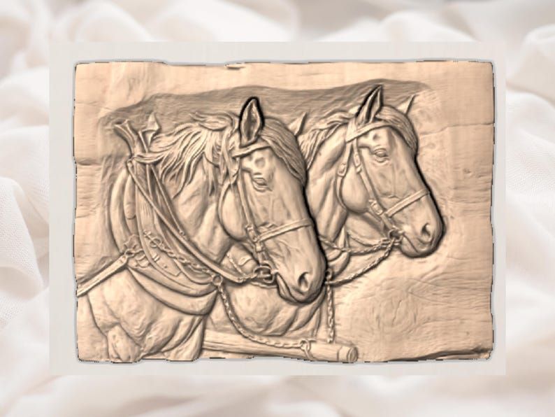 Two Draft Horses in Harness Bas-Relief STL Carving File bas-relief STL — view 2