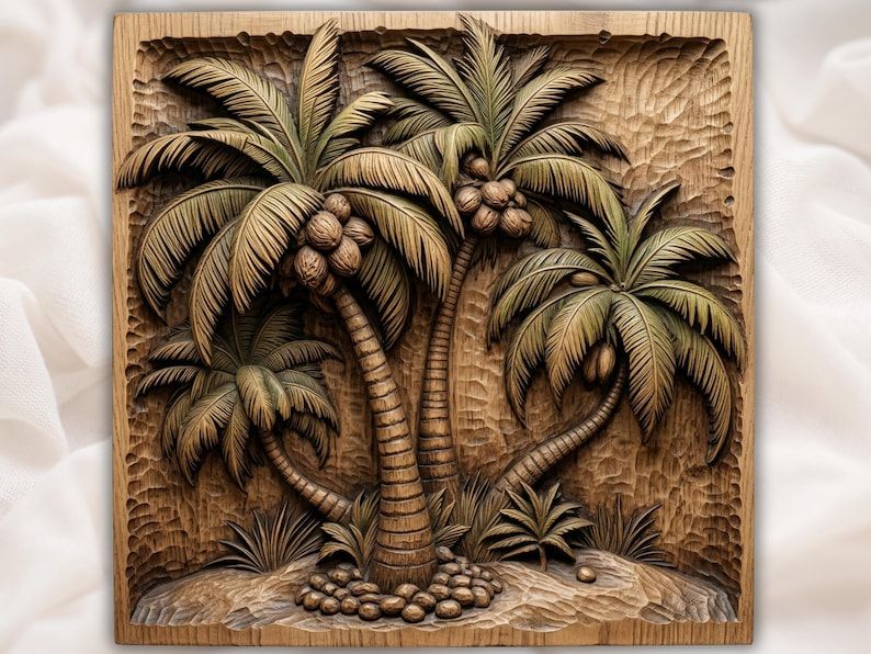 Bas-relief wood carving of three coconut palm trees on a sandy beach with fallen coconuts and seagrass.