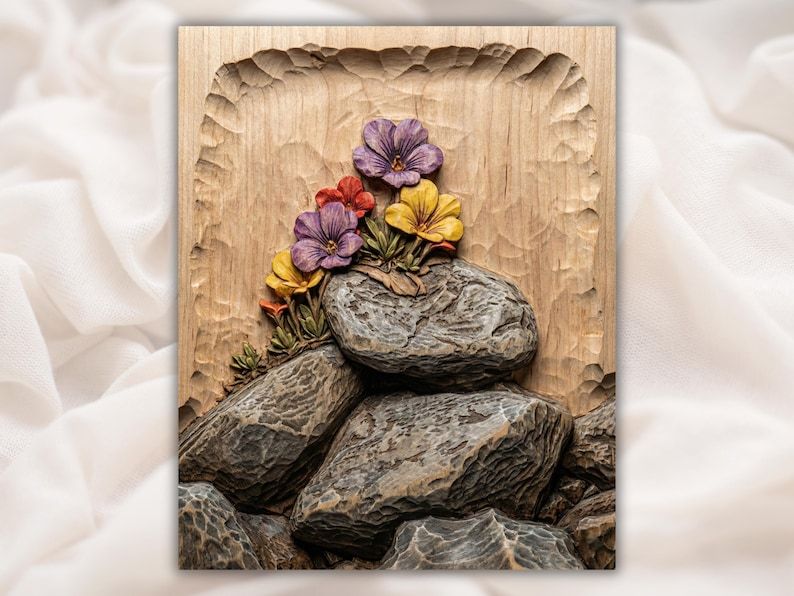 Bas-relief wood carving of purple, red, and yellow pansy flowers growing through a stack of gray rocks