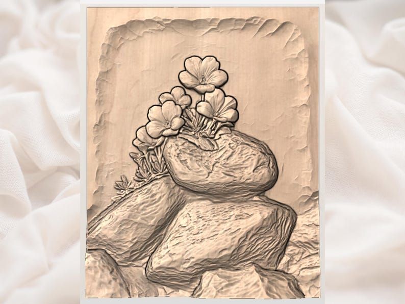 Pansies Blooming Through Stacked Stones Bas-Relief STL bas-relief STL — view 3