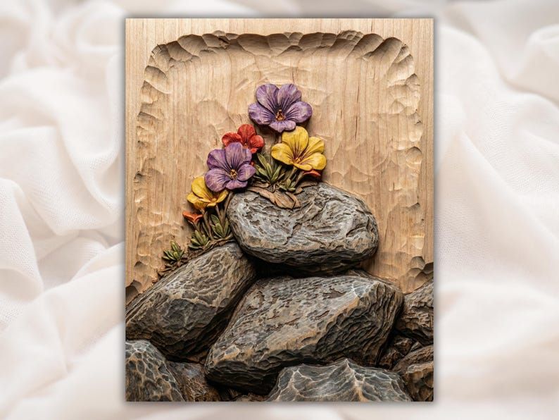 Pansies Blooming Through Stacked Stones Bas-Relief STL bas-relief STL design