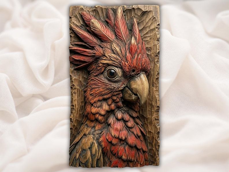 Bas-relief wood carving of a crested cockatoo head with layered feathers, bright eye, and hooked beak on a grain panel.