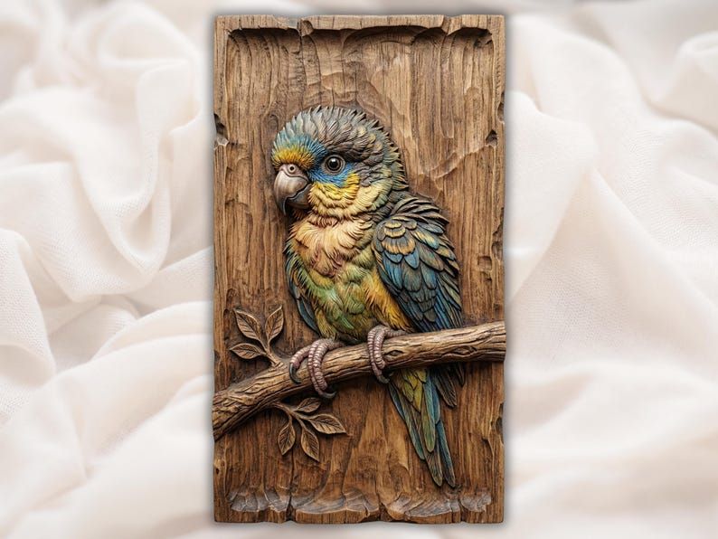 Bas-relief carving of a colorful conure parrot perched on a branch, set in a wood-grain panel