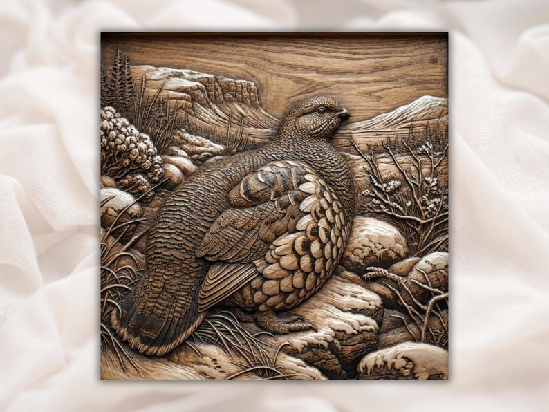Carved wood bas-relief of a grouse bird among rocks and brush with snowy mountains behind it