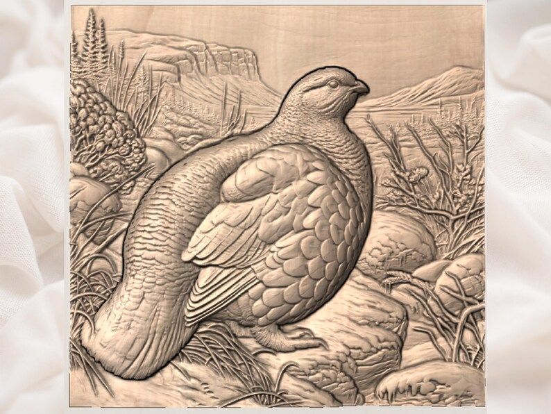 Grouse in a Snowy Mountain Valley Bas-Relief STL bas-relief STL — view 3