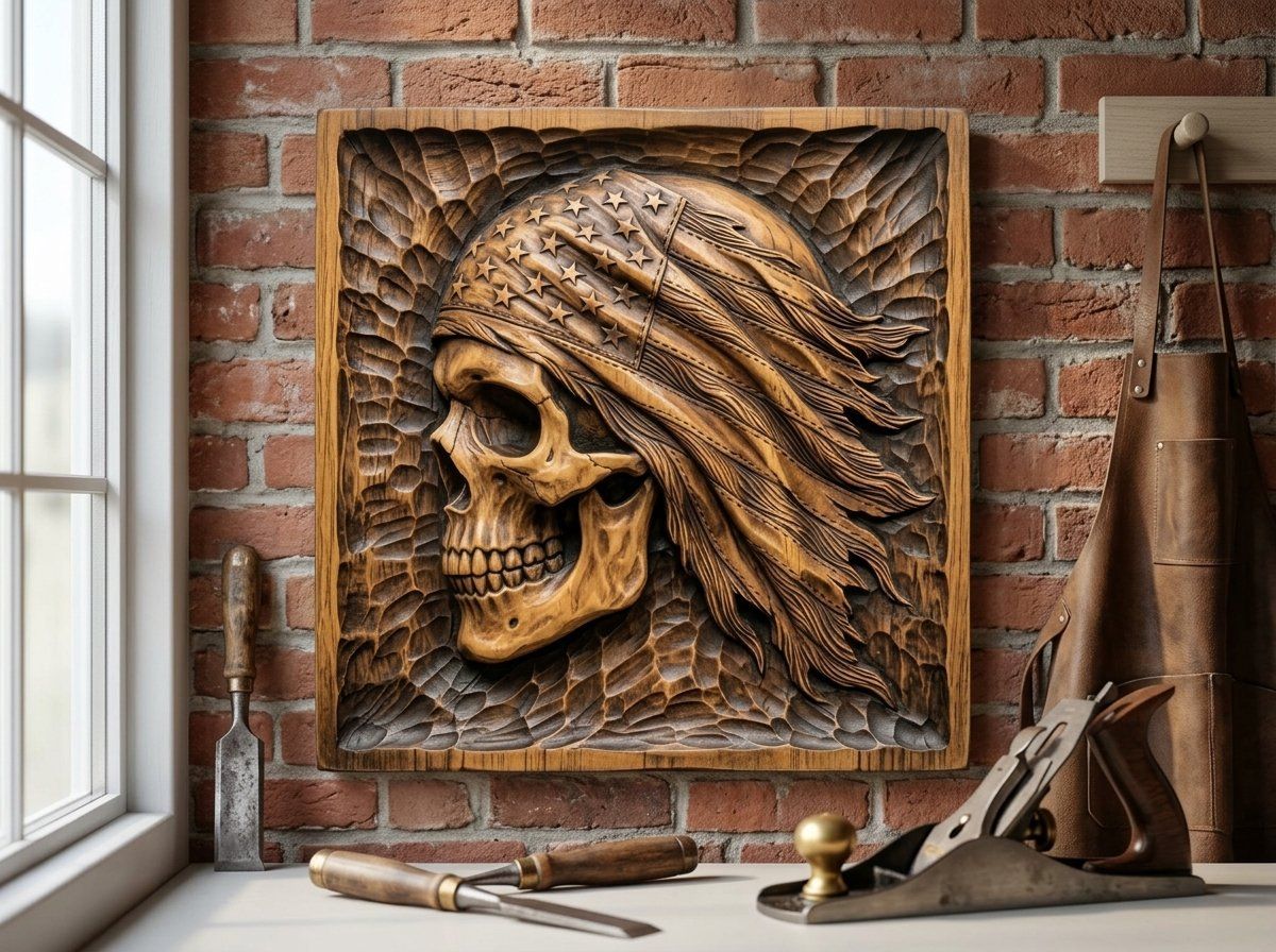 Patriotic American Flag Skull CNC Relief STL bas-relief STL — view 12