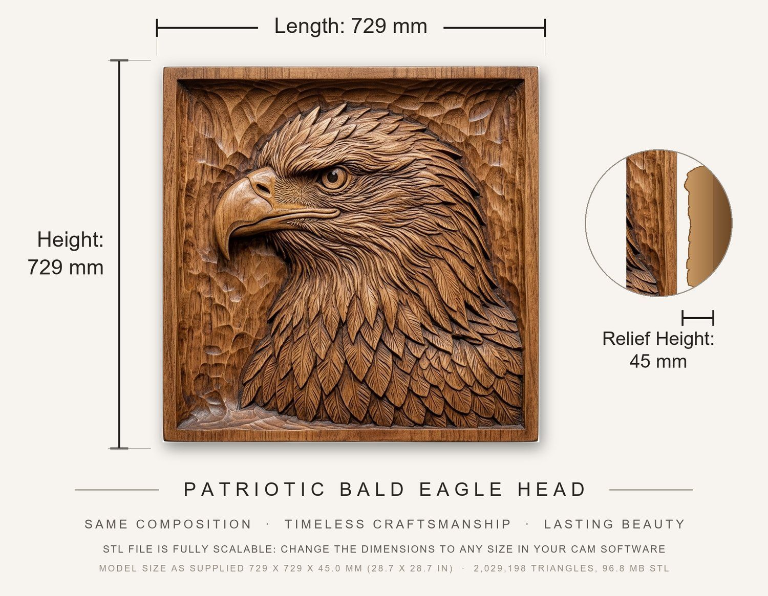 Patriotic Bald Eagle Head CNC Relief STL bas-relief STL — view 3