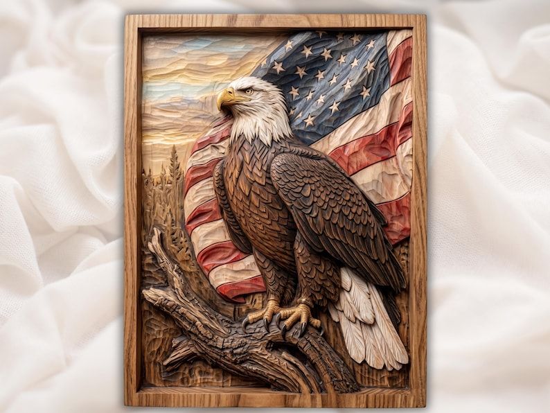 Carved bald eagle perched on a branch in front of a waving American flag bas-relief wood plaque