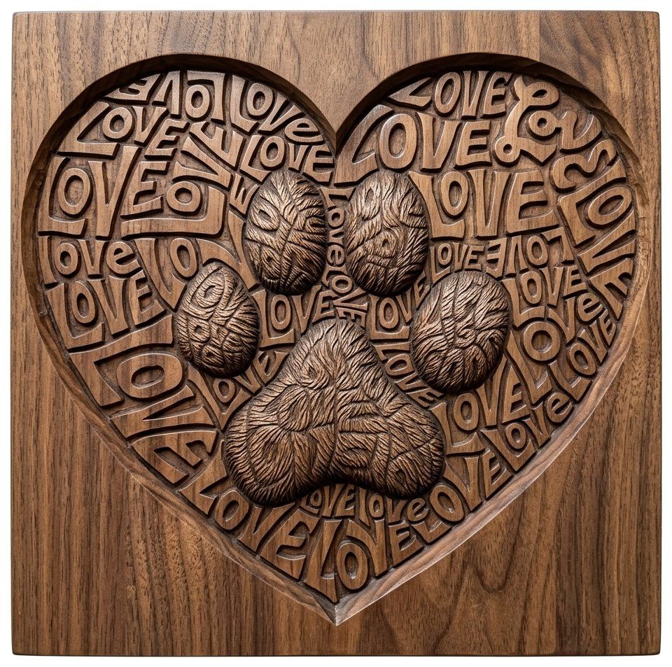 Paw Print Heart Love Sign CNC Relief STL | Pet Memorial Wall Art Panel | Puppy Kitten Gift Decor Wood Carving Design — carved bas relief STL file for CNC