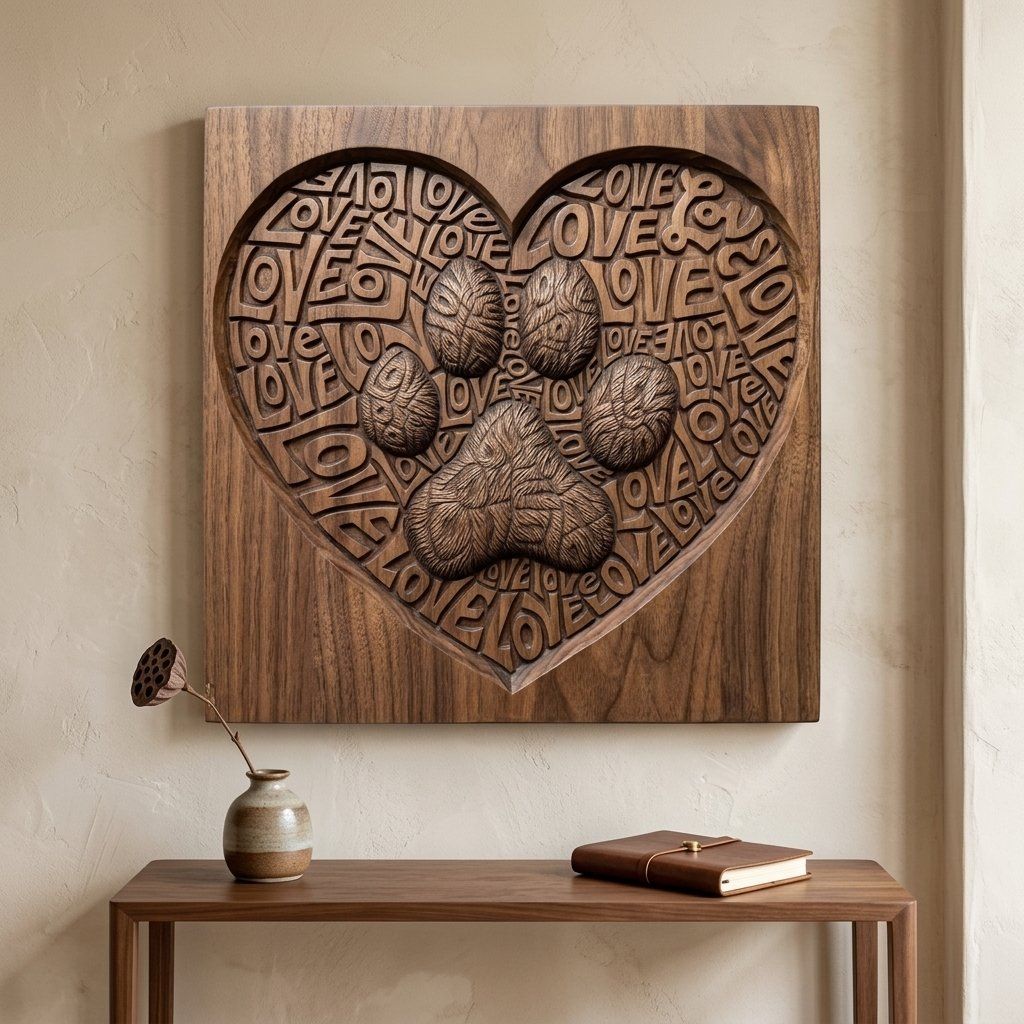 Paw Print Heart Love Sign CNC Relief STL bas-relief STL — view 6