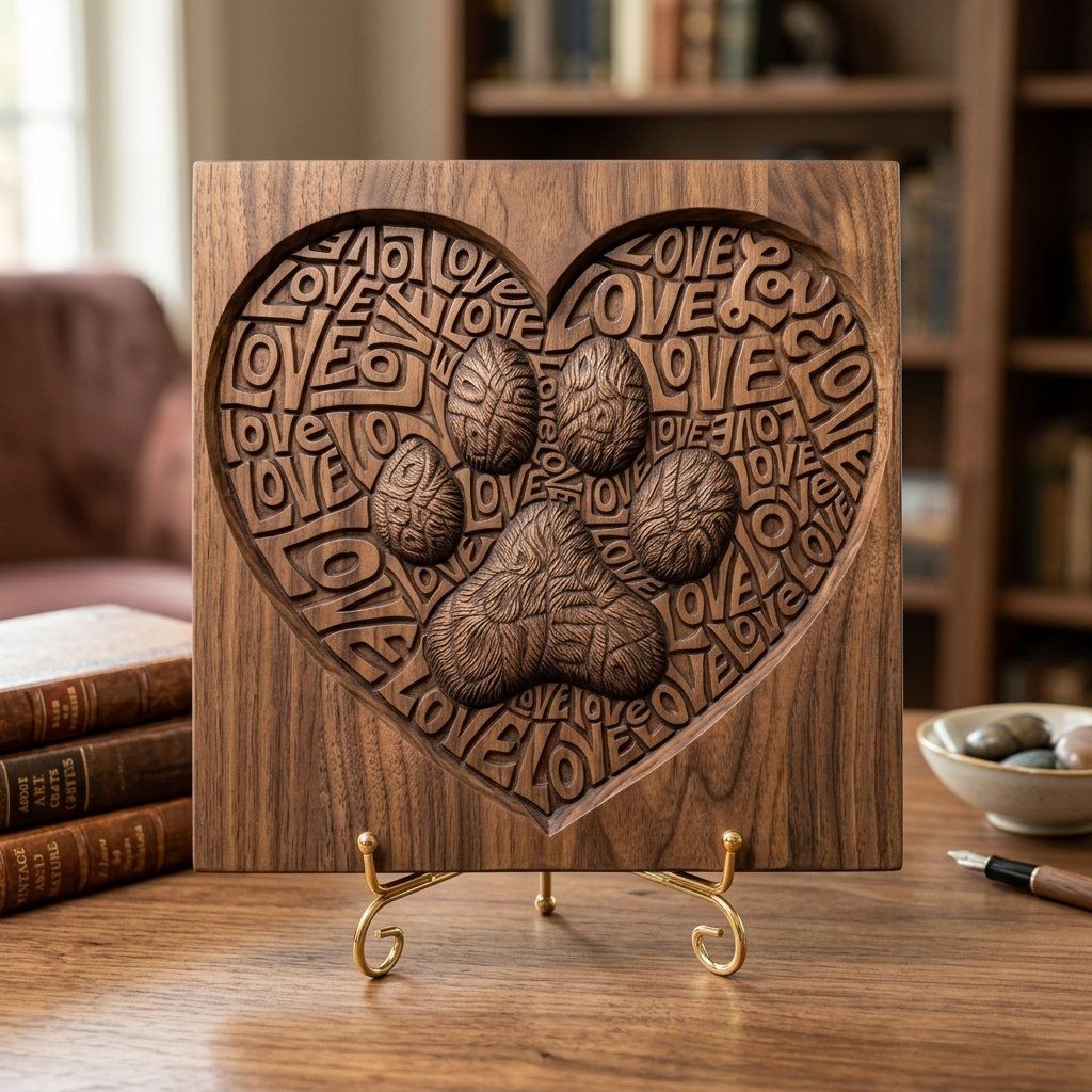 Paw Print Heart Love Sign CNC Relief STL bas-relief STL — view 7