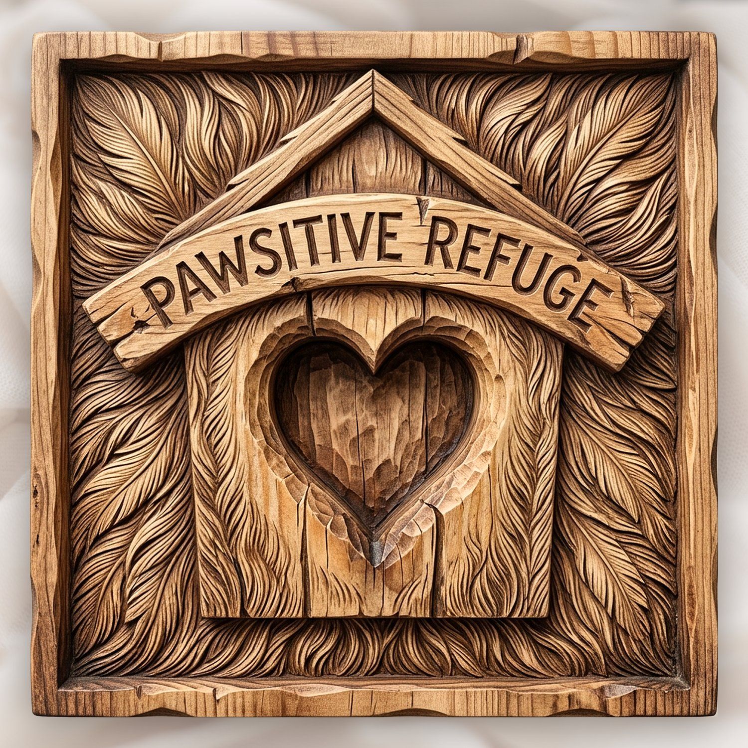 Pawsitive Refuge Heart Sanctuary CNC Relief STL | Rustic Pet Memorial Wall Art | Dog House Wood Carving Design — carved bas relief STL file for CNC