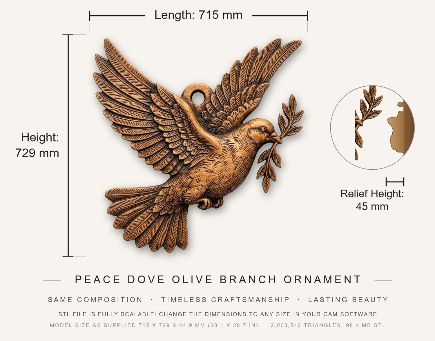 Peace Dove Olive Branch Ornament CNC Relief STL bas-relief STL — view 3