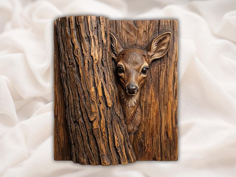 Bas-relief carving of a fawn deer peeking from behind a textured tree-bark wood panel