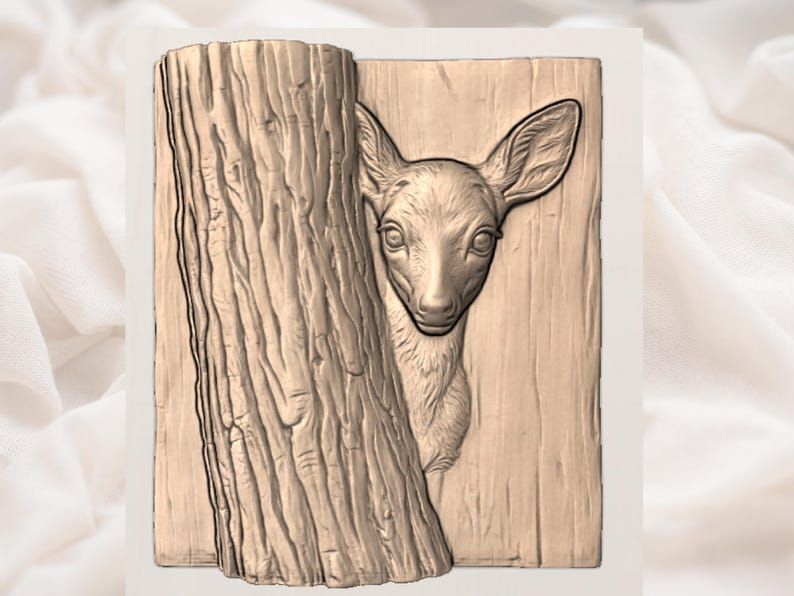 Peeking Fawn Bas-Relief STL, Deer Behind Bark Wood Panel bas-relief STL — view 2