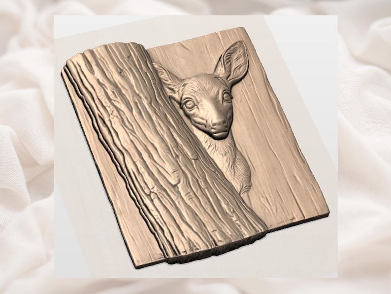 Peeking Fawn Bas-Relief STL, Deer Behind Bark Wood Panel bas-relief STL — view 3