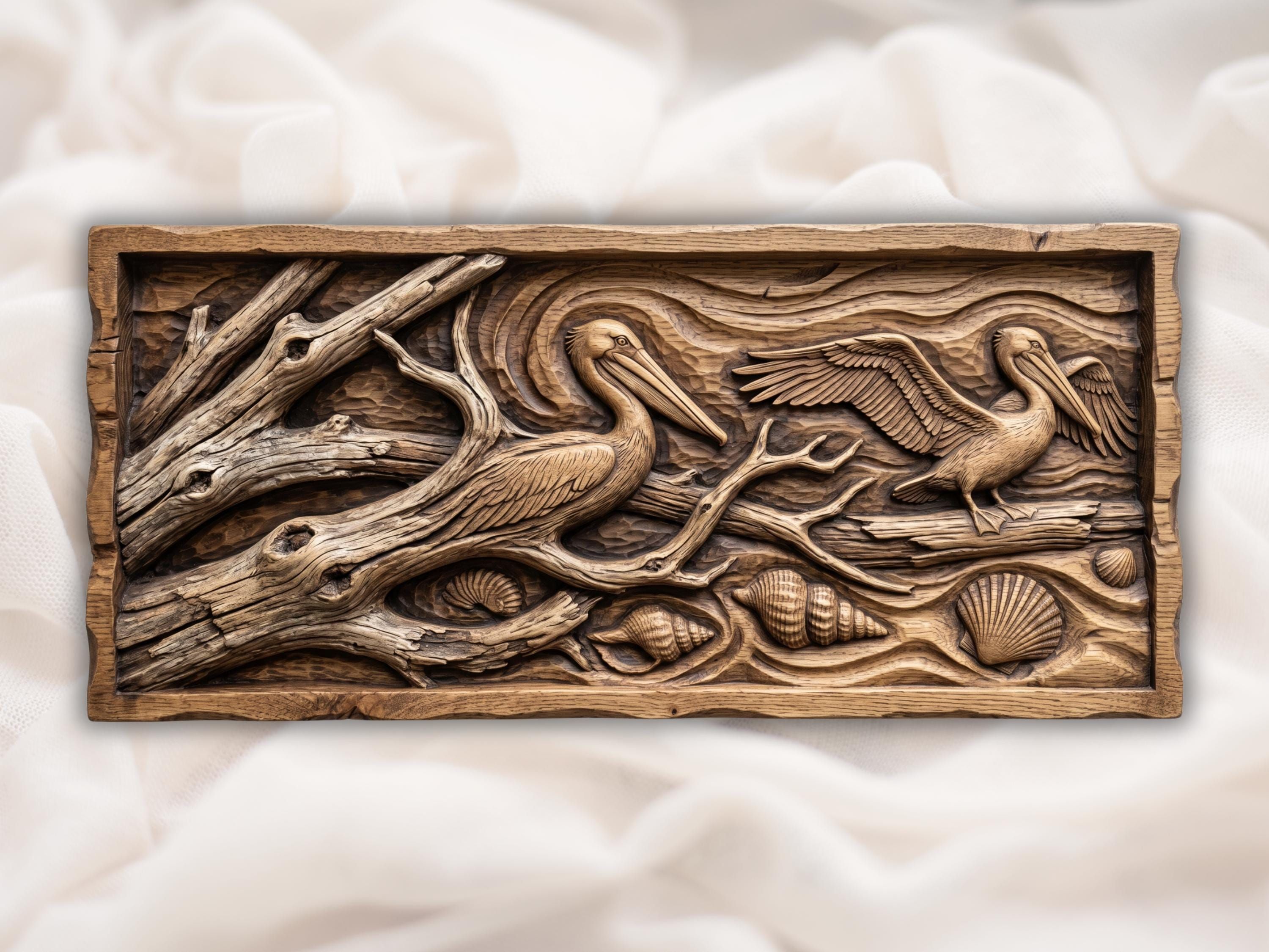 Carved wood bas-relief of a brown pelican on driftwood branches with seashells and flowing wave textures.