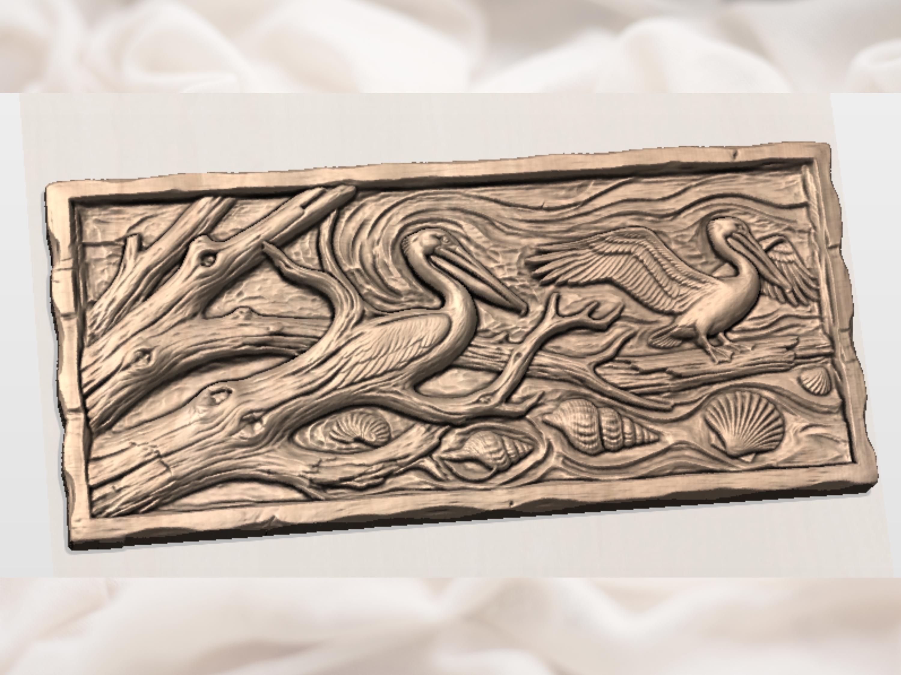 Brown Pelican on Driftwood Coastal Bas-Relief STL bas-relief STL — view 2