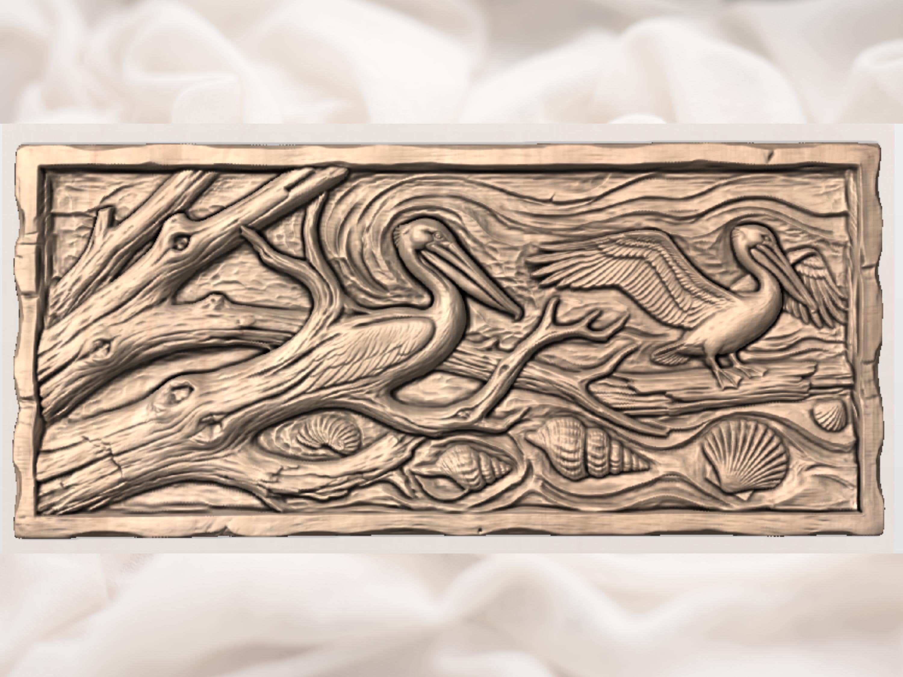 Brown Pelican on Driftwood Coastal Bas-Relief STL bas-relief STL — view 3