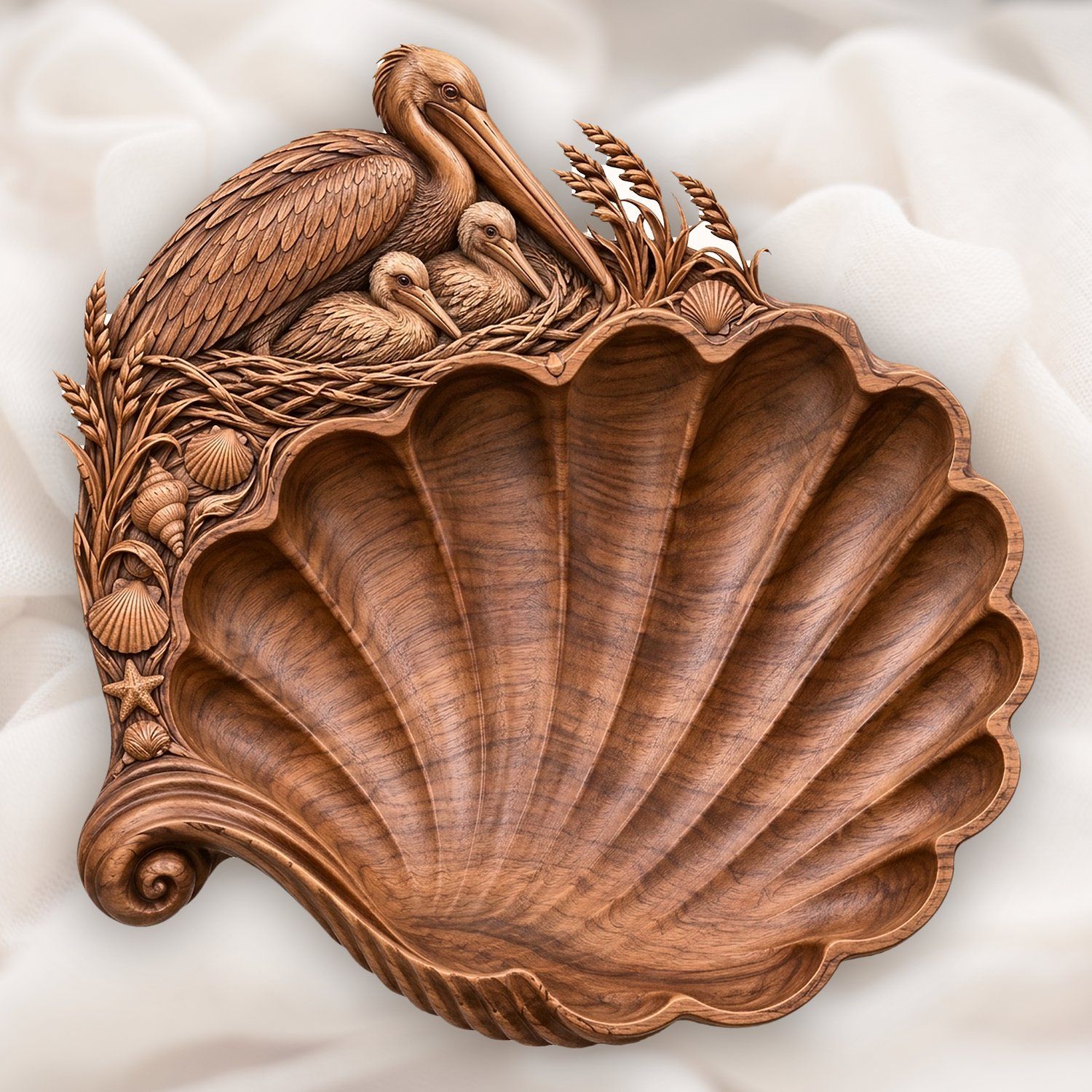 Pelican Nest Scallop Shell Tray CNC Relief STL | Nautical Wood Carving