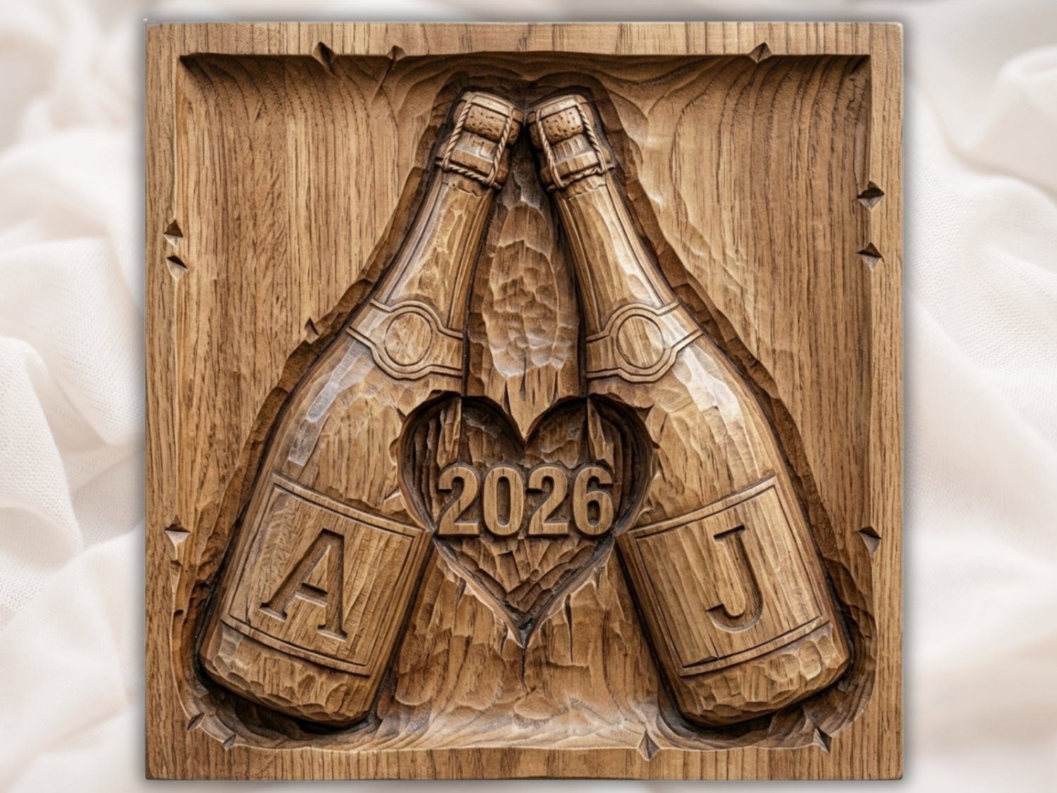 Personalized Anniversary Champagne Celebration CNC Relief STL | Wedding Date Heart Wall Decor | 2026 Couples Gift Wood Panel — carved bas relief STL file for CNC