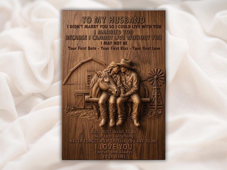 Bas-relief wood carving of a cowboy and woman sitting by a horse with a barn, windmill, and a husband love message.