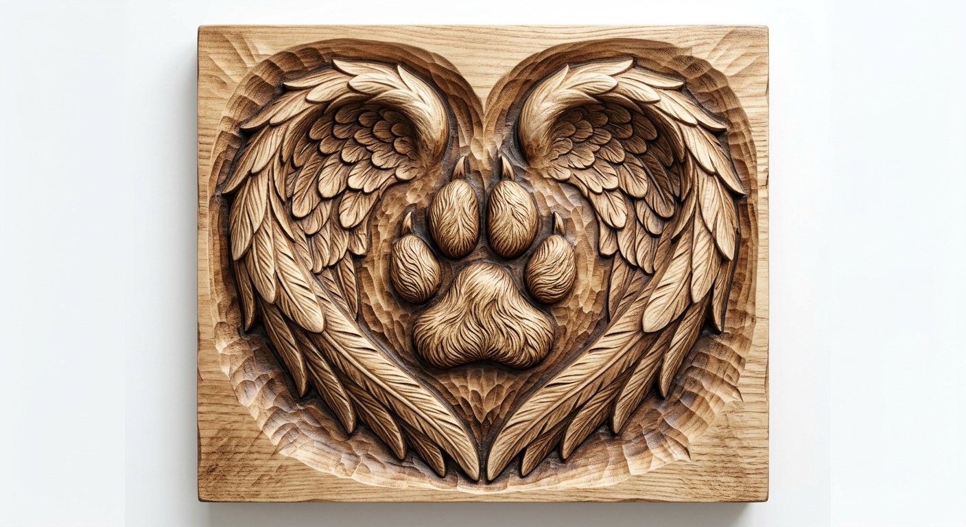 Pet Memorial Angel Wings Paw Print Heart CNC Relief STL | Dog Loss Wall Art Panel | Pet Lover Wood Carving Design | VCarve Pro — carved bas relief STL file for CNC