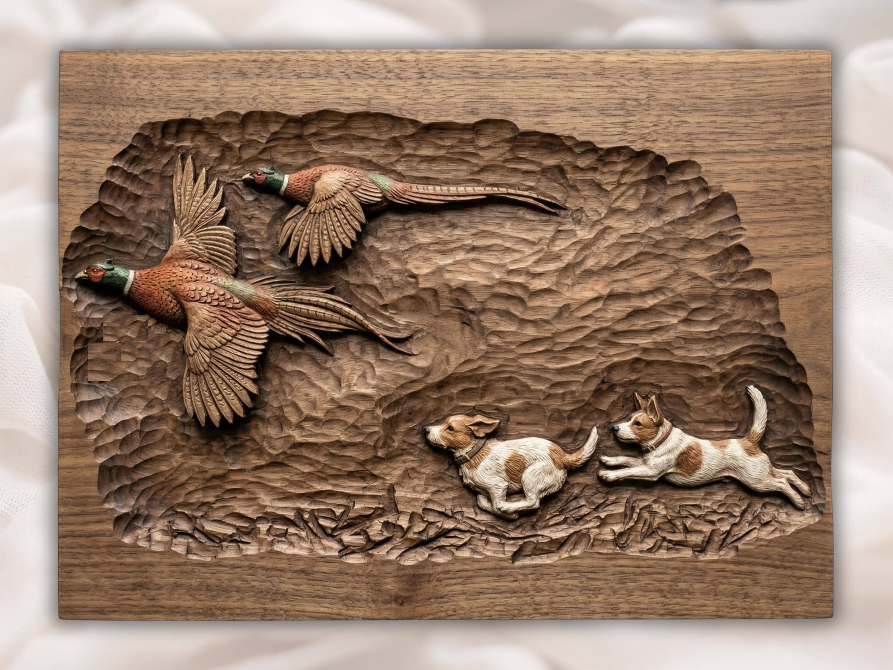 Carved wood bas-relief of a flushing pheasant with spread wing above an alert brown and white hunting dog