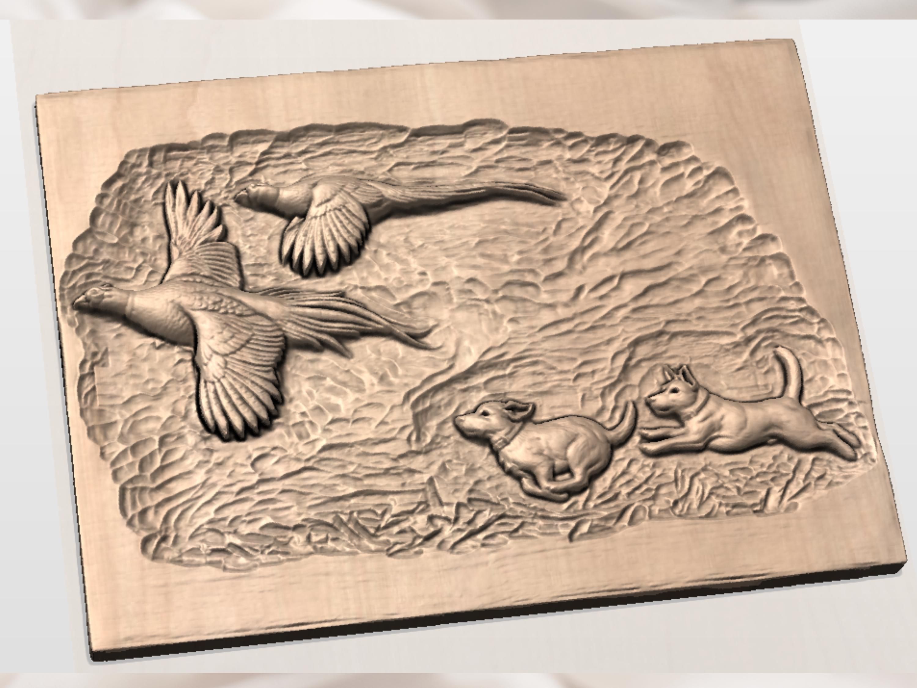 Flushing Pheasant and Hunting Dog Bas-Relief STL Scene bas-relief STL — view 2