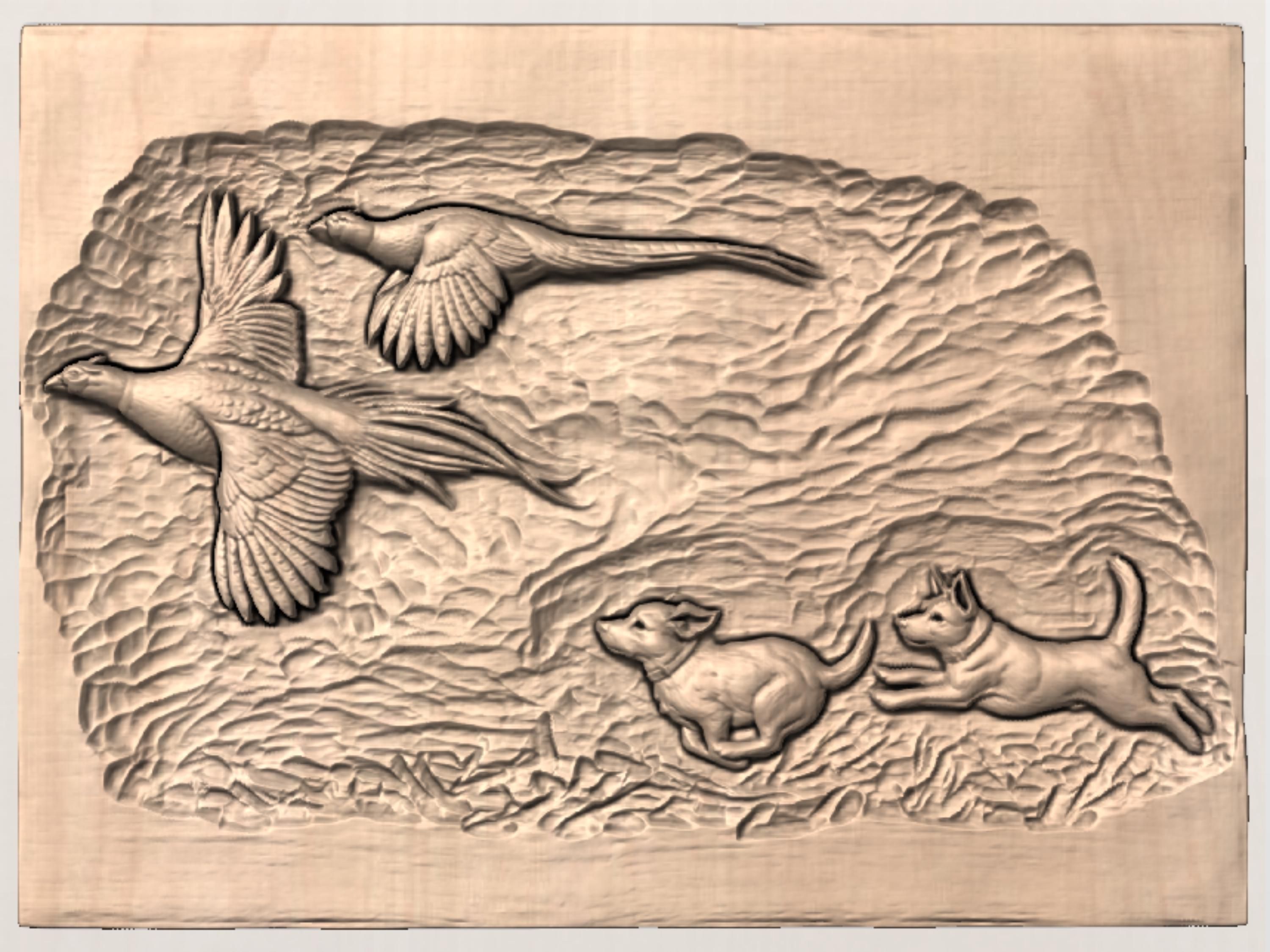Flushing Pheasant and Hunting Dog Bas-Relief STL Scene bas-relief STL — view 3