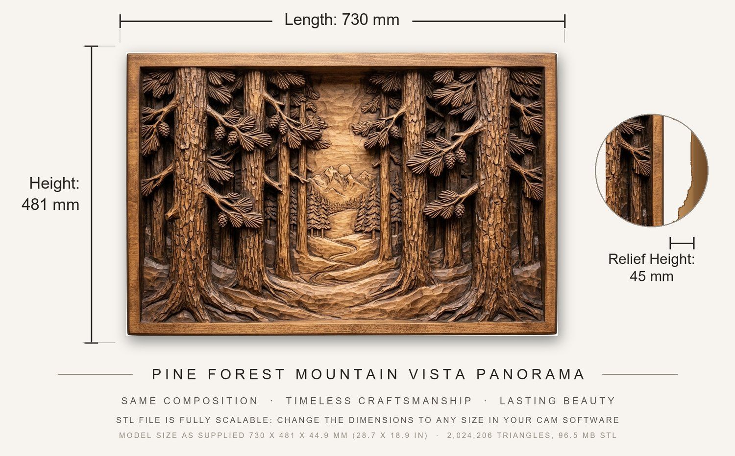 Pine Forest Mountain Vista Panorama CNC Relief STL bas-relief STL — view 3