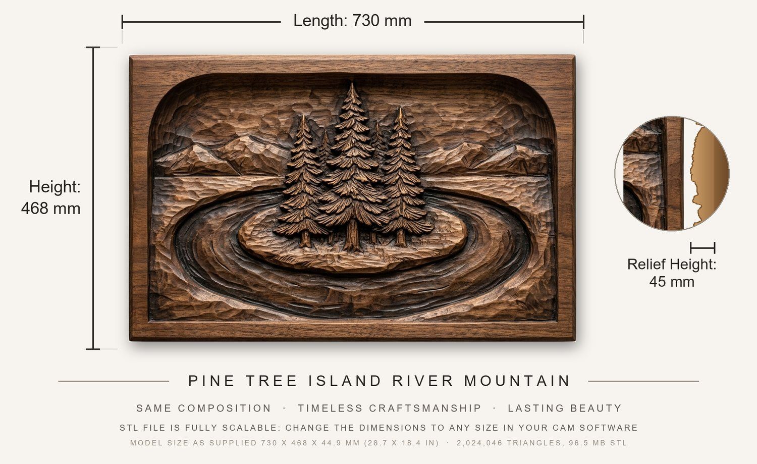Pine Tree Island River Mountain CNC Relief STL bas-relief STL — view 3