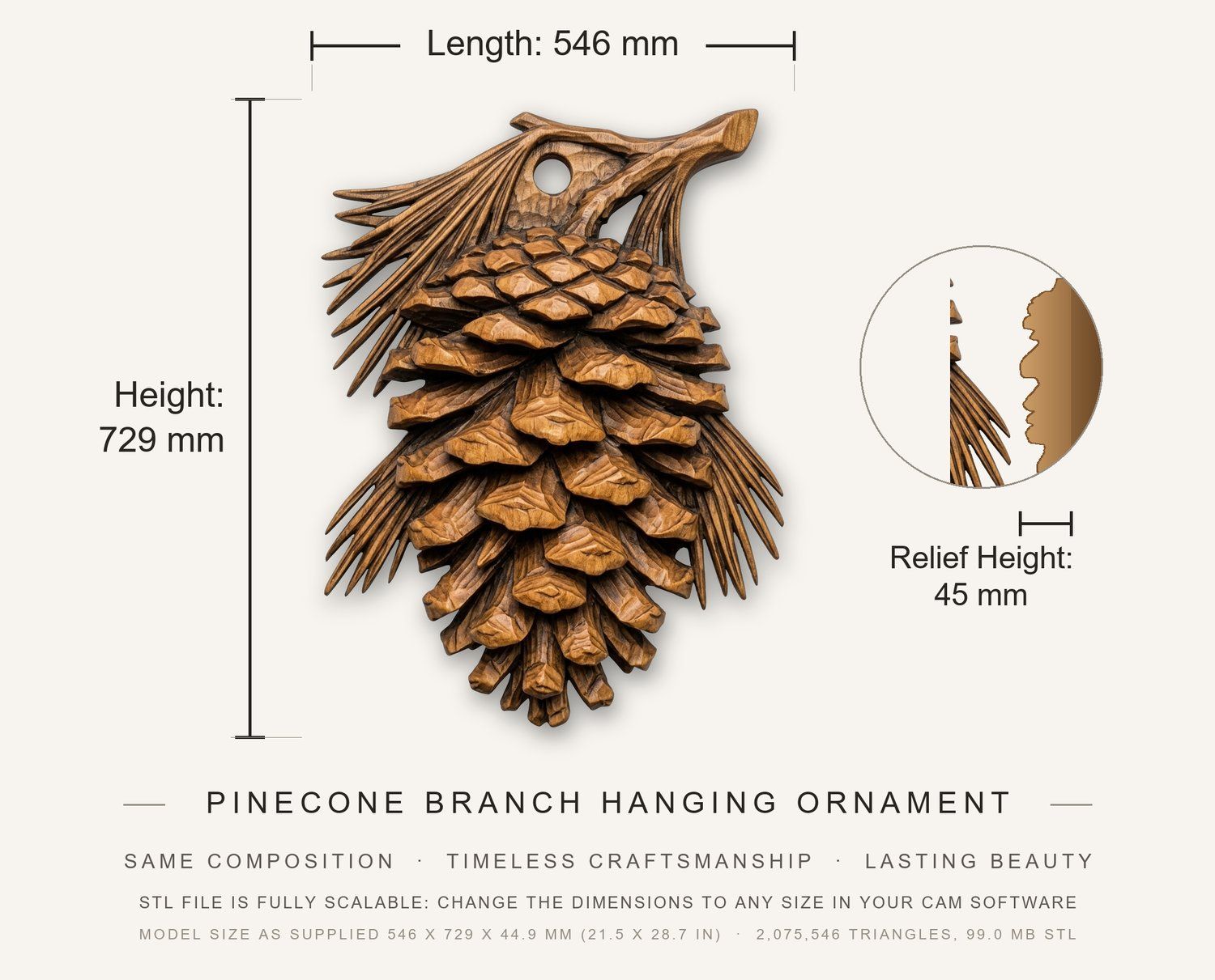 Pinecone Branch Hanging Ornament CNC Relief STL bas-relief STL — view 3