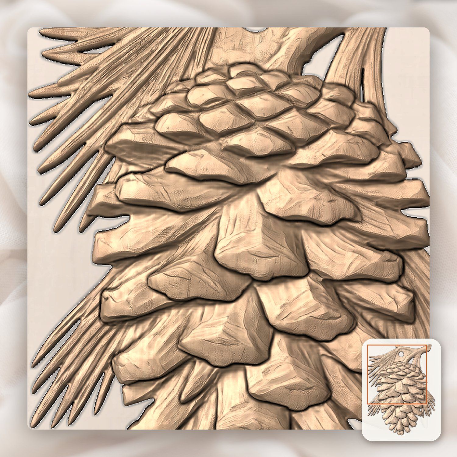 Pinecone Branch Hanging Ornament CNC Relief STL bas-relief STL — view 8
