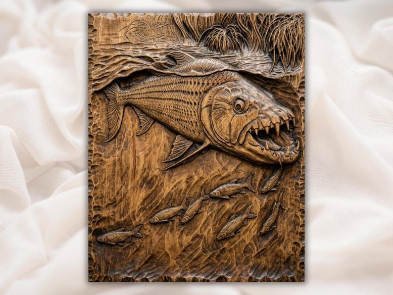 Carved wood bas-relief of a piranha with sharp teeth swimming above a school of small fish among reeds