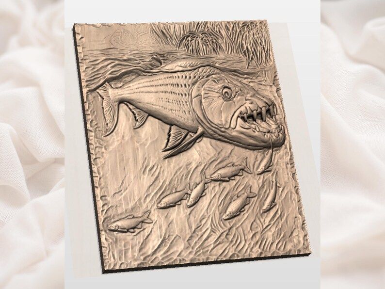 Piranha Predator Fish Bas-Relief STL with School of Baitfish bas-relief STL — view 2