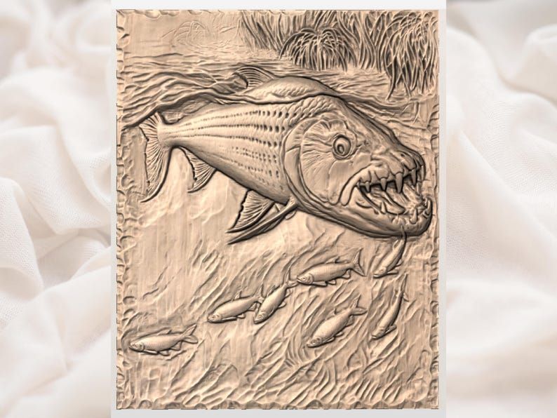 Piranha Predator Fish Bas-Relief STL with School of Baitfish bas-relief STL — view 3