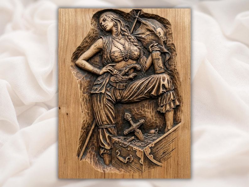 Carved wood relief of a female pirate with a rum bottle leaning on an open treasure chest under a skull flag