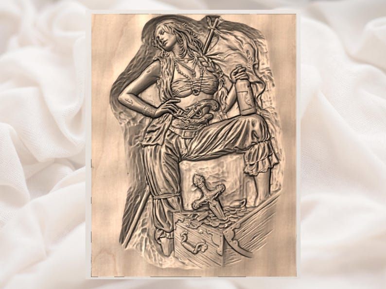 Female Pirate with Treasure Chest 3D Relief STL Carving bas-relief STL — view 2