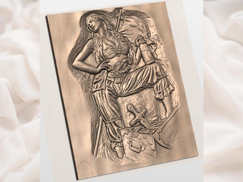 Female Pirate with Treasure Chest 3D Relief STL Carving bas-relief STL — view 3