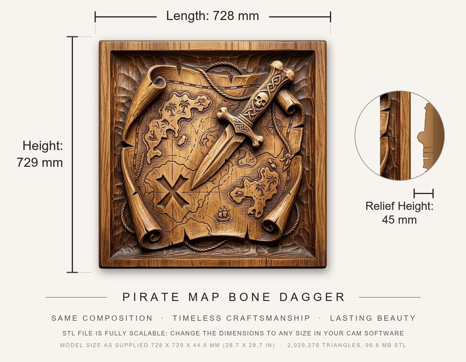 Pirate Map Bone Dagger CNC Relief STL bas-relief STL — view 3