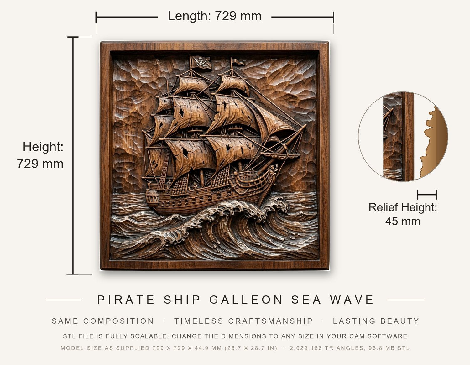 Pirate Ship Galleon Sea Wave CNC Relief STL bas-relief STL — view 3