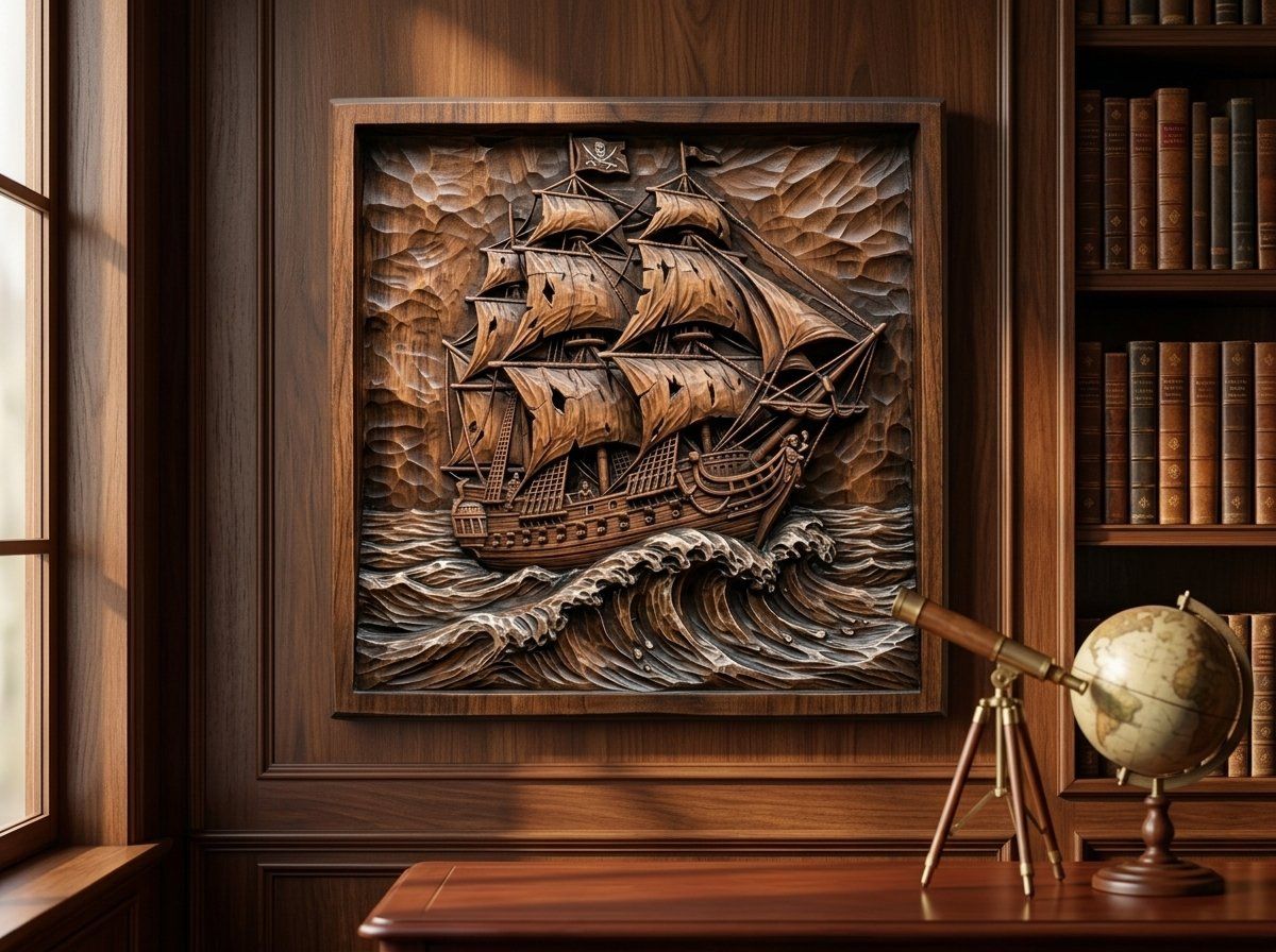 Pirate Ship Galleon Sea Wave CNC Relief STL bas-relief STL — view 12